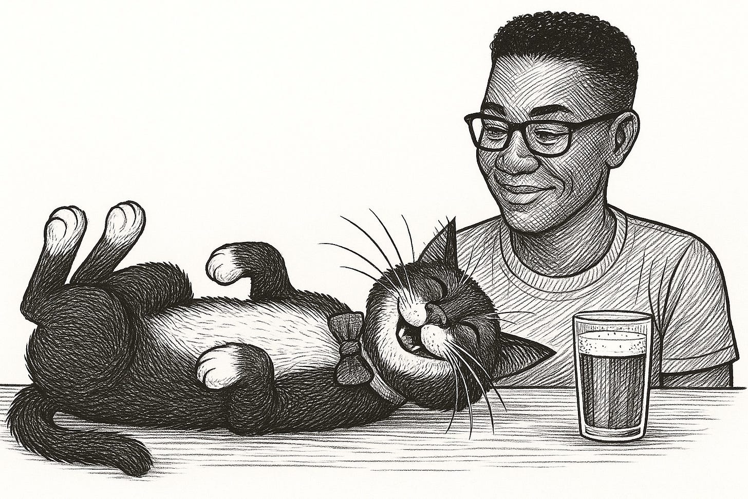 Black-and-white pen-and-ink illustration of Campbell the Cat lying on his back on a bar, smiling drunkenly with his paws curled. He’s a dark gray tuxedo cat with a white goatee, white chest, white paws, and a bow tie. Doc, a tall Black woman with a short afro fade, glasses, and an athletic build, sits beside him wearing a plain T-shirt and looking down at him with an indulgent smile. A glass of beer rests on the bar next to her. The background is pure white with clean lines and minimal shading.
