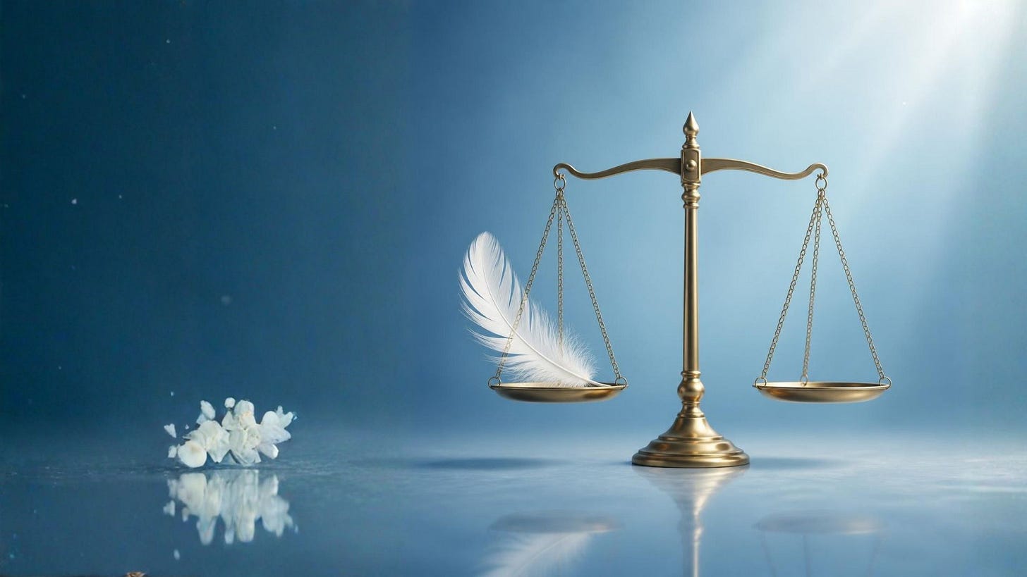 AI-generated illustration of a feather resting on a balance scale, representing the weight of balance.