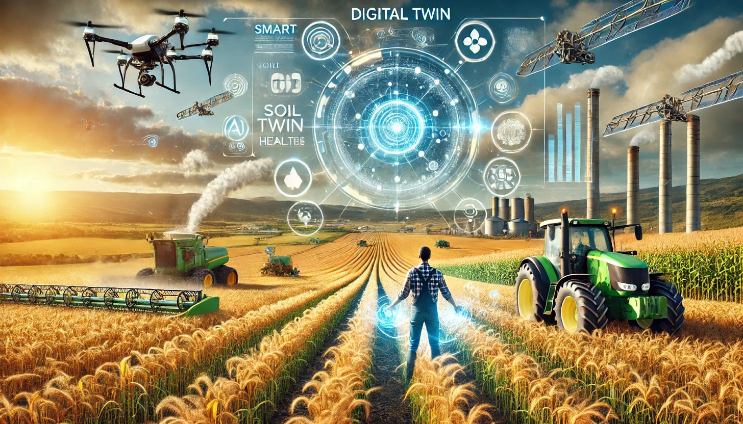 A futuristic agricultural landscape integrating digital twin technology. The image features vast golden fields with smart sensors embedded in the soil, AI-powered drones scanning crops, and a large holographic digital twin interface displaying real-time analytics on soil moisture, crop health, and yield predictions. A farmer in modern gear interacts with the hologram, while autonomous tractors and robotic harvesters work efficiently in the background. The sky is bright and clear, symbolizing innovation and progress in agriculture.