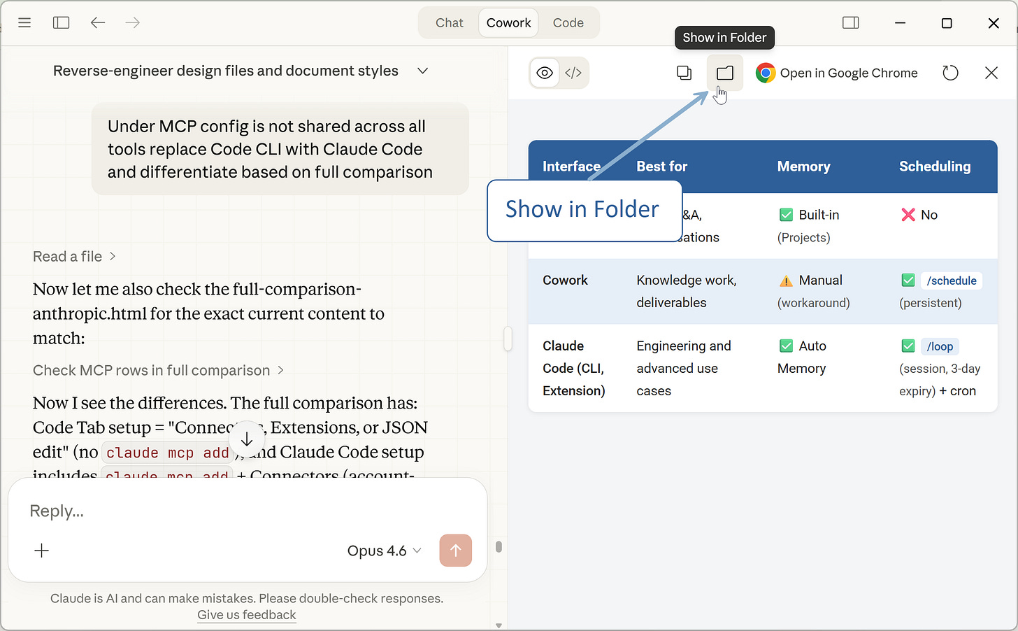 Cowork presents and can focus on selected files in its right panel