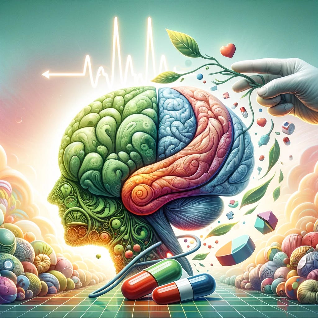 An illustration that captures the essence of a groundbreaking study linking erectile dysfunction medication to a reduced risk of Alzheimer's disease. The image should subtly represent the connection between the brain and heart health, without directly depicting medication, alphabets, or numbers. Visual elements could include a stylized brain intertwined with elements that symbolize health and vitality, such as leaves or a heartbeat line, conveying hope and innovation in medical research. The setting should be optimistic and forward-looking, using vibrant colors to suggest a positive outlook on the future of Alzheimer's prevention.