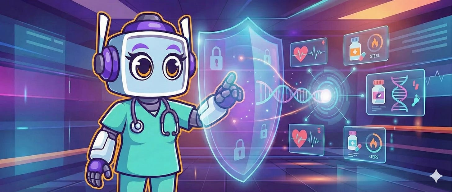Cartoon robot doctor in a futuristic digital health lab, pointing to a glowing data security shield with DNA and medical icons, symbolizing protected healthcare information