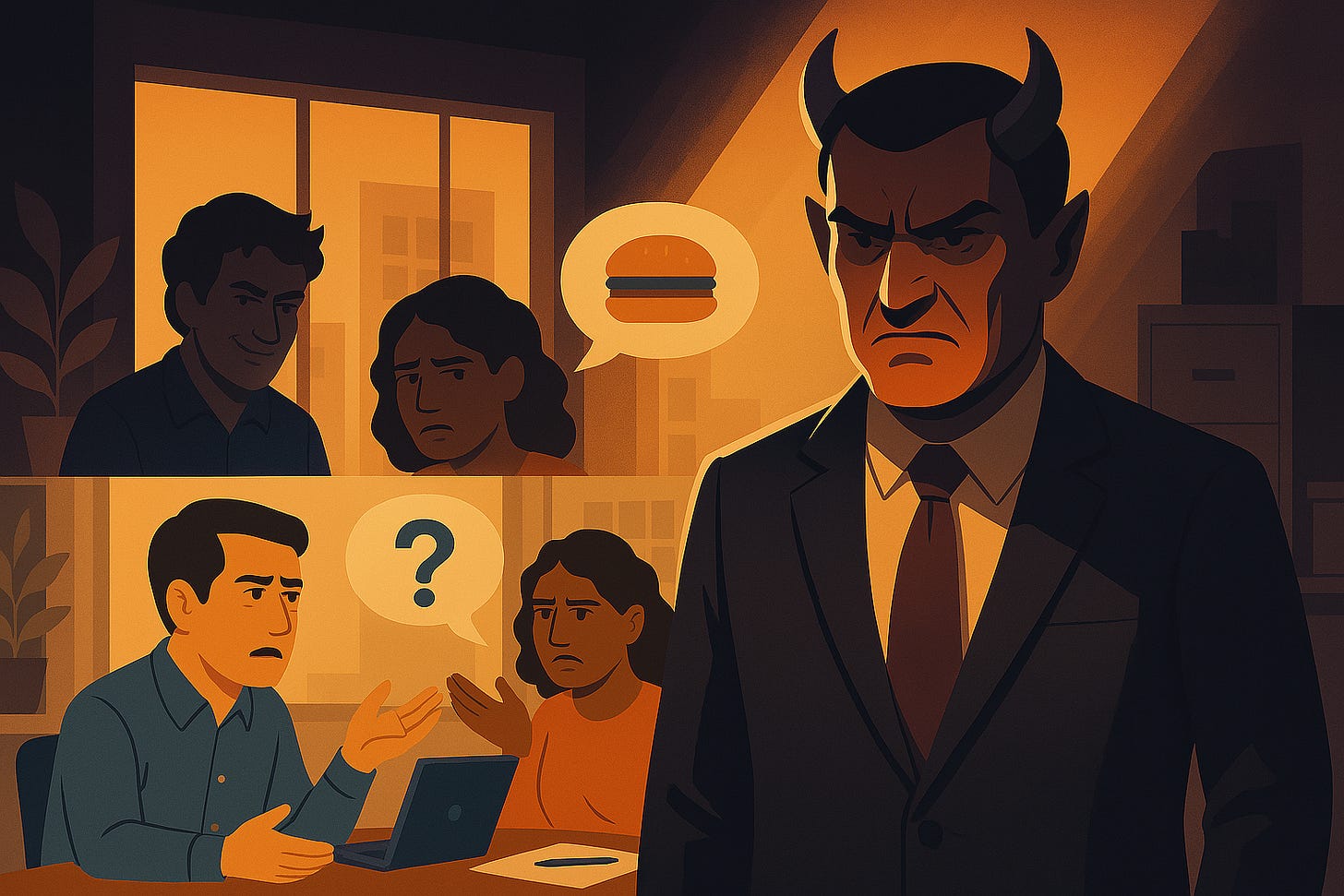 A dramatic scene symbolizing workplace conflict and shifting perceptions of good and evil. In the foreground, a menacing, devil-like figure in a business suit stands under harsh, accusatory lighting, representing the supervisor as imagined by accusations. In the background, two shadowy figures: one is a former employee with an ambiguous, sly expression, and the other is the same supervisor, now shown in a softer, conflicted light, revealing his internal struggle and pain. The setting is a modern office, with elements like desks and documents scattered around, hinting at hidden stories and complex relationships. The overall mood is tense and ambiguous, inviting viewers to question who is truly good or evil.