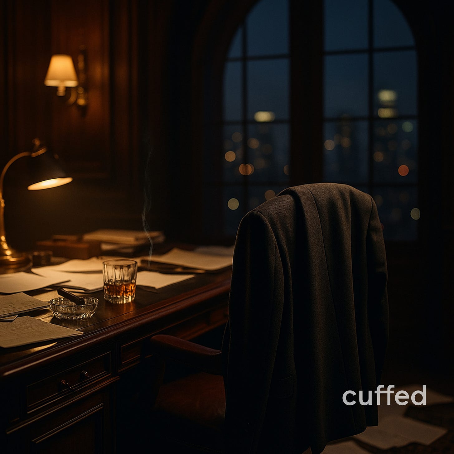 a cinematic editorial photograph of a dimly lit office. a tailored charcoal suit jacket hangs over the back of a leather chair behind a mahogany desk. the desk is cluttered with scattered papers, an open ledger, a crystal glass of whiskey half full, and a heavy ashtray with faint smoke rising from a cigar. warm tungsten light from a brass desk lamp casts long chiaroscuro shadows across the polished wood, while tall arched windows frame a blurred nighttime city skyline glowing with bokeh lights. mood: masculine introspection, resilience after betrayal, quiet aftermath. overlay text in lowercase black serif on cream background: “a mistake you learn from is no longer a mistake. it’s a data point.” fused black “ff” cuffed logo bottom-right. seo tags: masculine business quote, resilience after failure, entrepreneurial grit, cinematic editorial photograph, cuffed brand visual.  