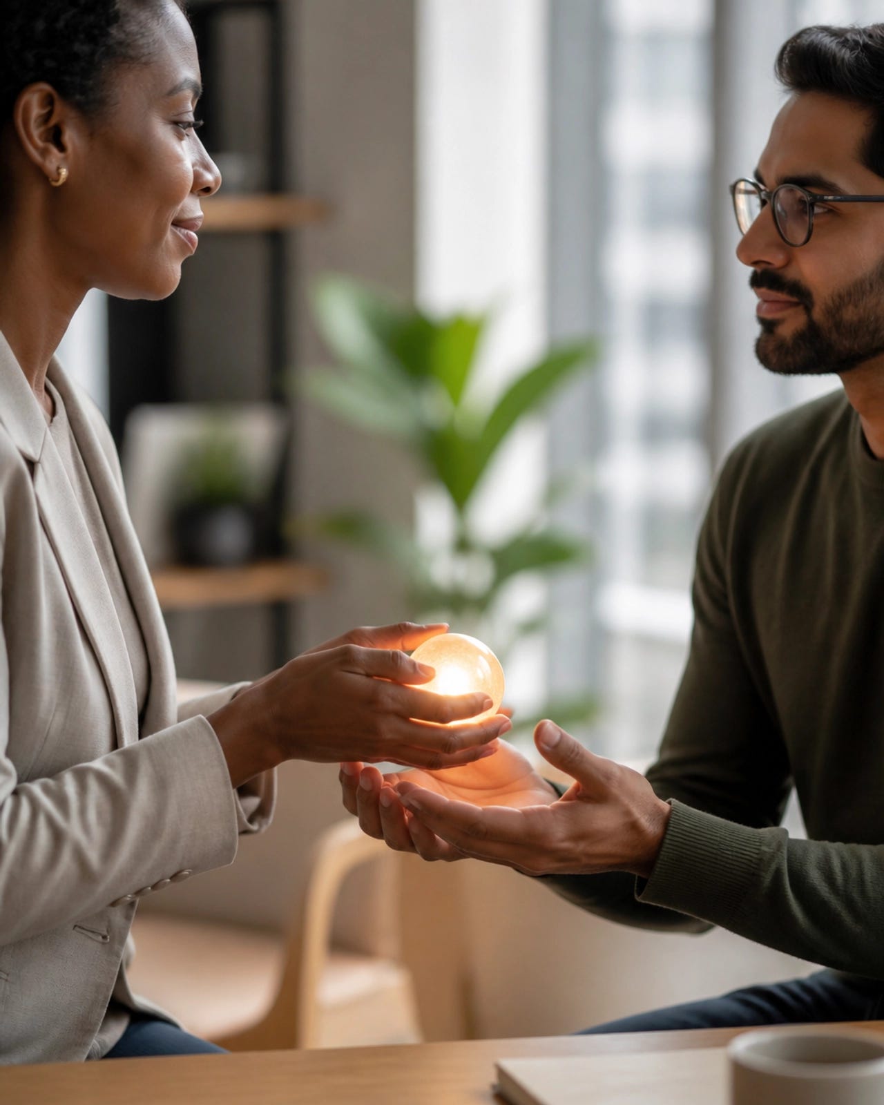 A leader gently handing a symbolic object back to a colleague, representing the return of ownership and healthy boundaries.