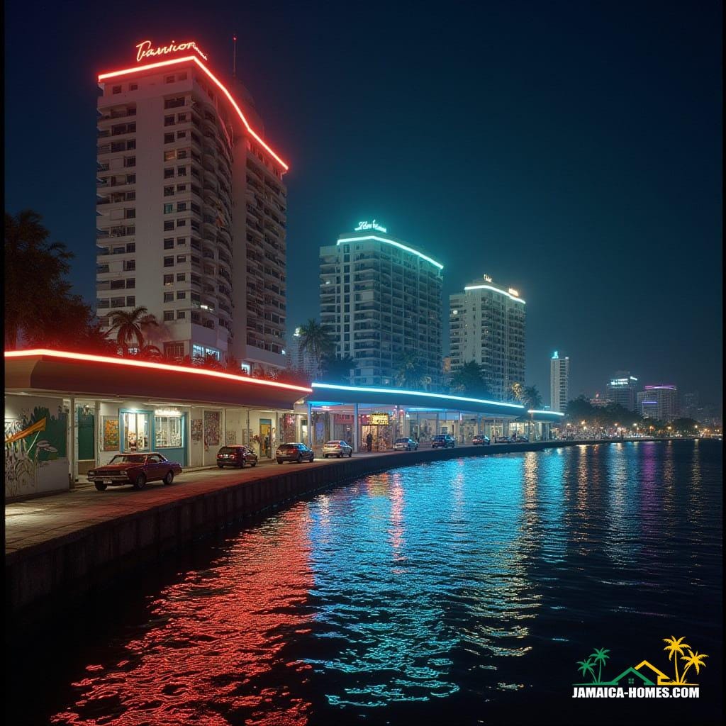 Glowing Kingston waterfront at night, futuristic condos with neon edges, illuminated skybridges, cars parked below, reflections on Caribbean Sea, Jamaican flags, murals, and reggae posters, cinematic lighting, shot on 35mm film with v-raptor XL, film grain, vignette, color graded, post-processed, inspired by the dramatic styles of Denis Villeneuve, Roger Deakins, and Emmanuel Lubezki.