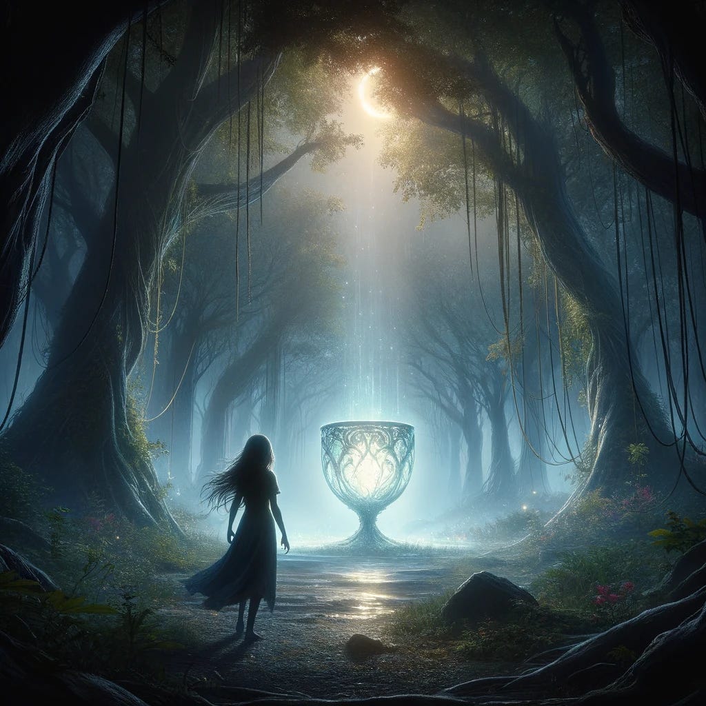 In an emotionally resonant fantasy scene in the Weeping Woods, Elara, a nine-year-old girl, is depicted as a silhouette at the moment the Lost Chalice of the Moon shatters into a thousand pieces. The chalice, positioned at the center of the scene, glows faintly before breaking apart, casting a mystical light that illuminates Elara's silhouette. She stands in awe and confusion, her long hair flowing like moonlit silver, and her posture reflecting the sudden realization and humility of the moment. The surrounding grove is densely filled with ancient, whispering trees and a canopy of leaves, enhancing the magical and solemn atmosphere. This pivotal scene captures the emotional weight of Elara's discovery and the lesson she learns about her true role in the forest, with her silhouette symbolizing her evolving character and the deeper complexities of her journey.