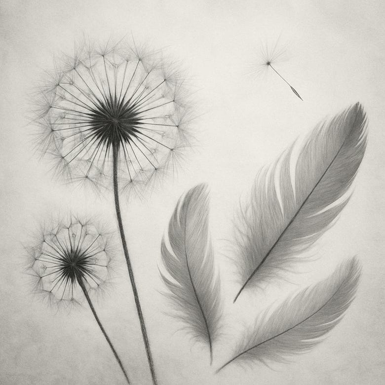Black and white image of two delicate dandelion seed heads and three soft feathers arranged on a light, textured background. One dandelion seed drifts freely in the air, suggesting movement, spaciousn