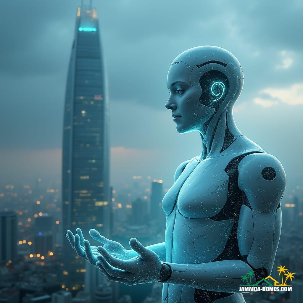 A sleek, futuristic cityscape with a massive, curved skyscraper in the background, symbolizing innovation and progress, with a hint of a Jamaican flag subtly integrated into the design, as a subtle nod to the region. In the foreground, a brilliant, artificial intelligence system, personified as a glowing, ethereal being, surrounded by swirling lines of code and data streams, is shown analyzing and processing vast amounts of real estate data, with a faint, cityscape-inspired grid pattern reflecting off its surface. The AGI entity is depicted in a contemplative pose, as if pondering the intricacies of the market, with a soft, pulsing glow emanating from its core, representing the power of human-like reasoning. The atmosphere is one of cutting-edge sophistication, with a color palette that blends cool blues and whites, evoking a sense of high-tech advancement, captured in a cinematic film still, reminiscent of a sci-fi epic, shot on a v-raptor XL, with a deliberate film grain, vignette, and color grading, post-processed to perfection, with dramatic, atmospheric lighting, and a sense of grandeur, inspired by the works of Syd Mead, H.R. Giger, and Ash Thorp.