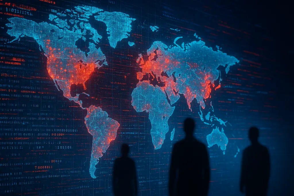 Rede algorítmica destacando pessoas e áreas de risco em mapa global digital, sob atmosfera tensa.
