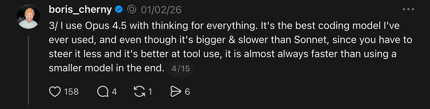Boris on using Opus with thinking for everything