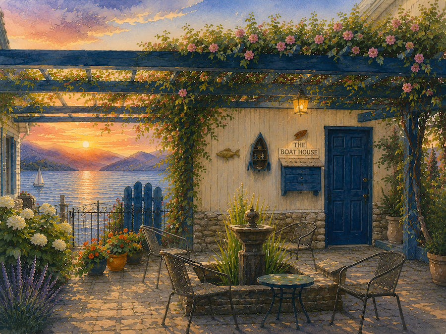 A watercolor illustration of a peaceful lakeside garden at sunset overlooking Okanagan Lake in British Columbia. A blue pergola draped with climbing pink roses frames a stone patio with empty chairs and a small fountain. Pots of bright orange nasturtiums bloom near a gate opening toward the shimmering lake, where distant blue mountains reflect the warm gold and pink evening sky. Image designed by Kim West and created with AI assistance. ©2026 Kim West, All rights reserved. A watercolor illustration of a peaceful lakeside garden at sunset overlooking Okanagan Lake in British Columbia. A blue pergola draped with climbing pink roses frames a stone patio with empty chairs and a small fountain. Pots of bright orange nasturtiums bloom near a gate opening toward the shimmering lake, where distant blue mountains reflect the warm gold and pink evening sky. Image designed by Kim West and created with AI assistance. ©2026 Kim West, All rights reserved.