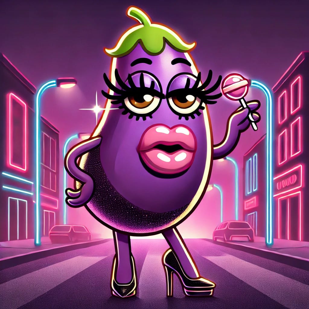A cartoon-style anthropomorphic eggplant with a sultry, exaggerated appearance. She has long eyelashes, glossy lips, and a curvy figure. Dressed in a tight, sparkly dress with high heels, she poses confidently with one hand on her hip and the other holding a lollipop. The background is a neon-lit street at night, giving off a bold, playful, and humorous vibe.