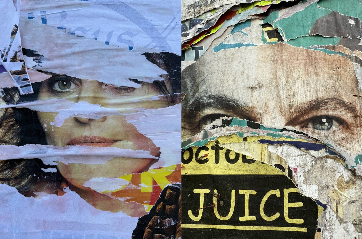 2 photos of faces on outdoor posters with torn layers creating an intriguing artistic effect 2 photos of faces on outdoor posters with torn layers creating an intriguing artistic effect