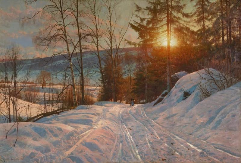 Reproduction of a luminous winter landscape painting by Peder Mork Monsted, with snowy tracks, trees, and low golden sunlight, shared as a visual reference in Tarot DMs with Emma van Straaten.