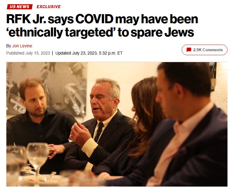 New York Post headline: "RFK Jr. says COVID may have been ‘ethnically targeted’ to spare Jews" New York Post headline: "RFK Jr. says COVID may have been ‘ethnically targeted’ to spare Jews"