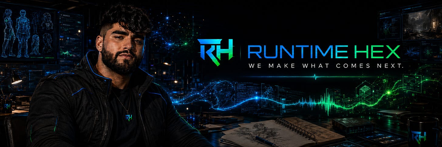 Runtime Hex studio banner featuring Moises inside a cinematic AI-native creative workspace, with the Runtime Hex logo and the line “We make what comes next.”