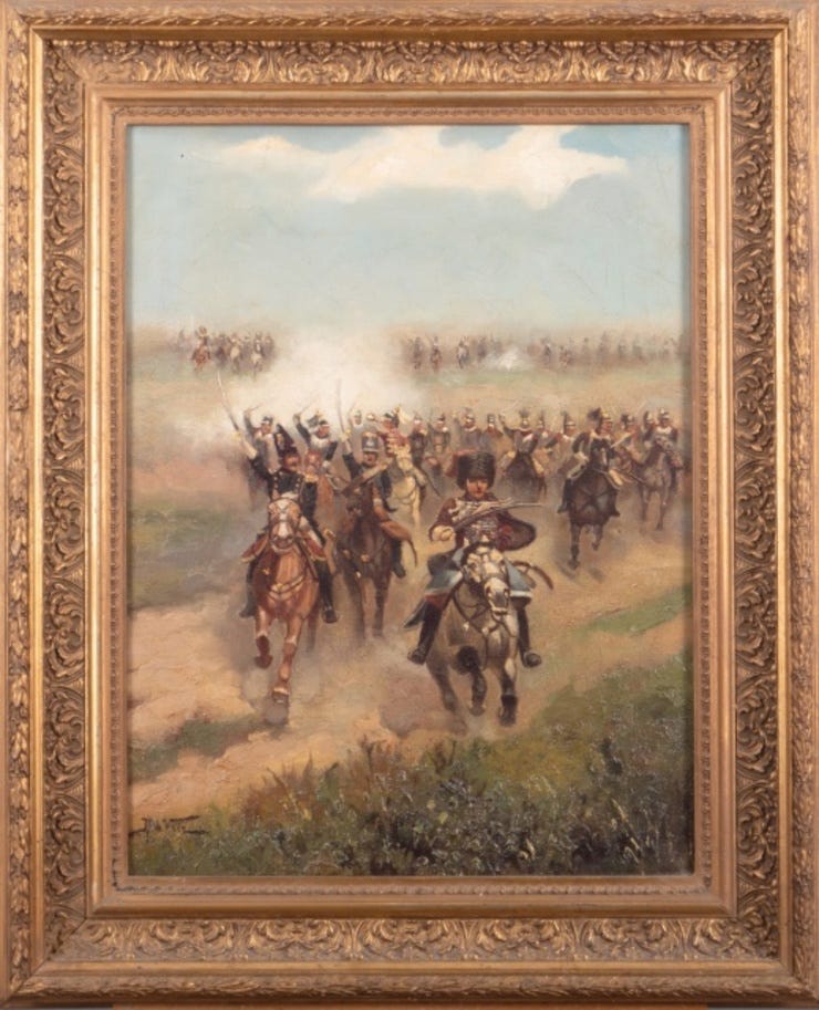 'Aanstormende cavalerie' - olieverf op doek: Justus de Veer (Veilinghuis Peerdeman kavel 4387)