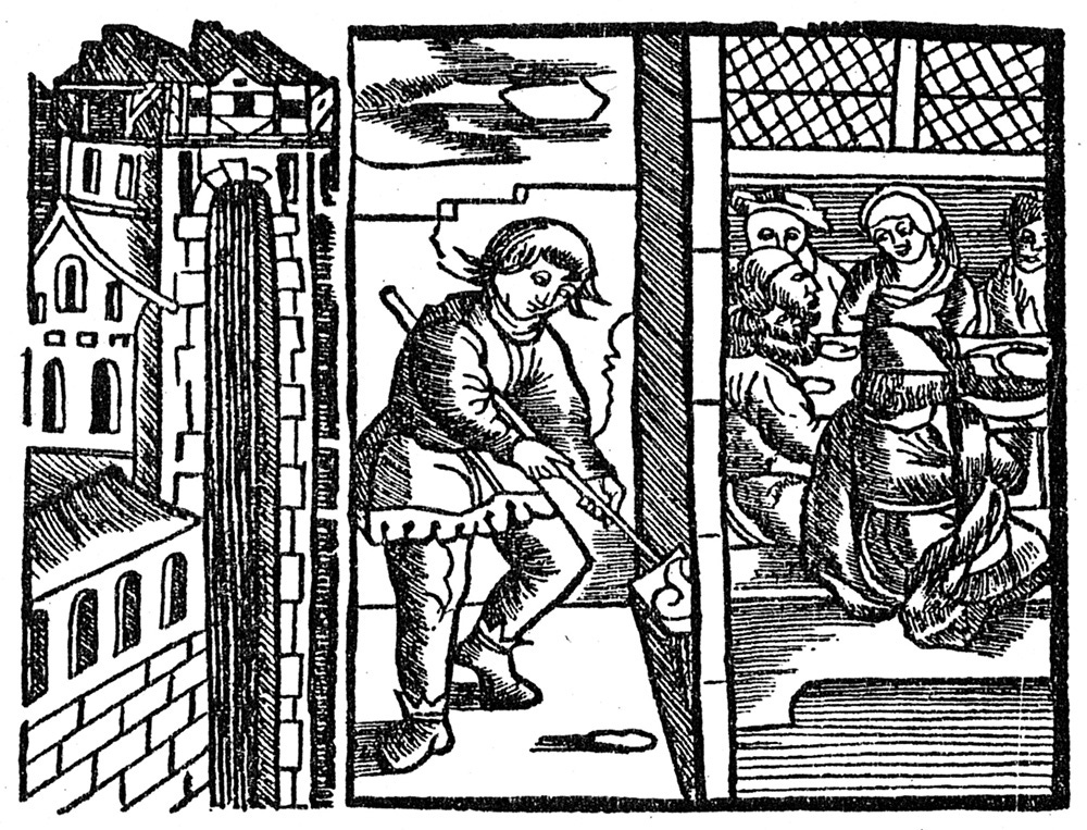 Eulenspiegel using bellows to pump the smell of his excrement into another room