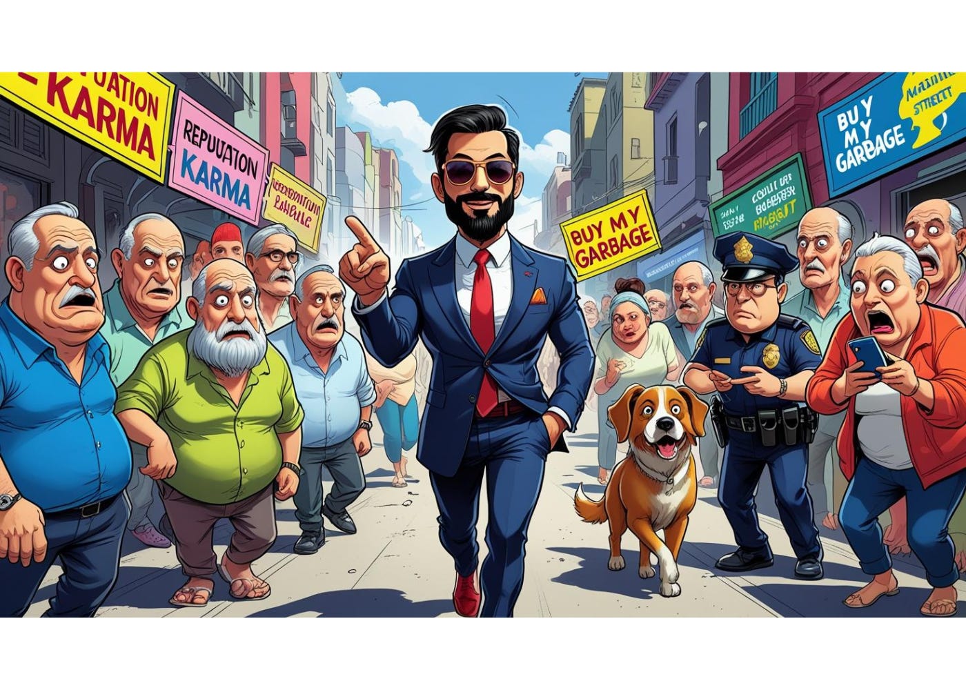 Cartoon of a man casually stalking multiple people while pretending to act normal, a dog peeing on a lamppost, a distant police car, and confused pedestrians looking back. Absurd visual capturing questionable karma, influencer obsession, and viral fame parody.