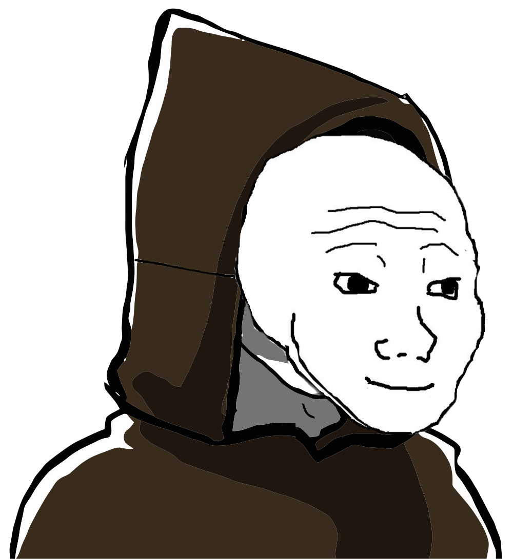 Wojak meme of a hooded sage wearing a normal face as a mask