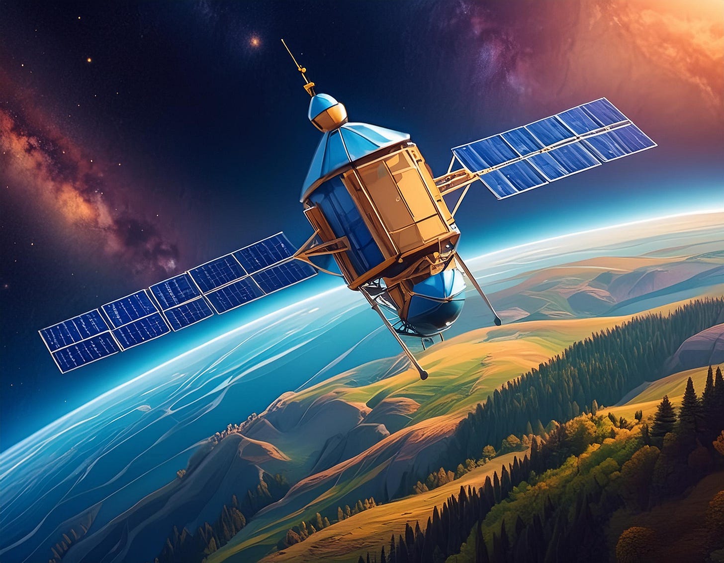 Satellite artificiale che sorvola la Terra. Immagine generata da un'intelligenza artificiale. Satellite artificiale che sorvola la Terra. Immagine generata da un'intelligenza artificiale.