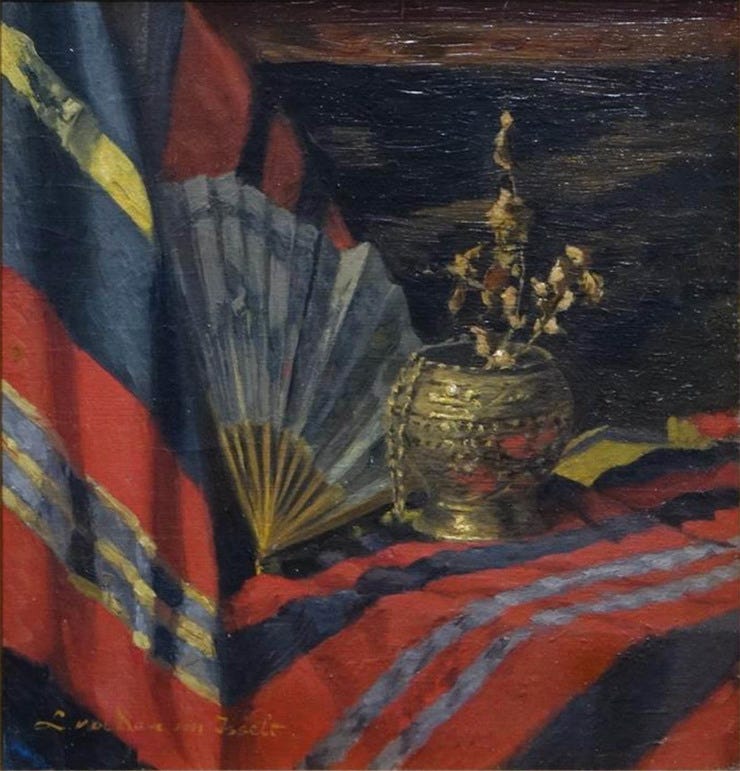 'Stilleven met waaier' - olieverf op paneel: Lucie van Dam-van Isselt (kavel 1209, Veilinghuis Van Spengen) 'Stilleven met waaier' - olieverf op paneel: Lucie van Dam-van Isselt (kavel 1209, Veilinghuis Van Spengen)