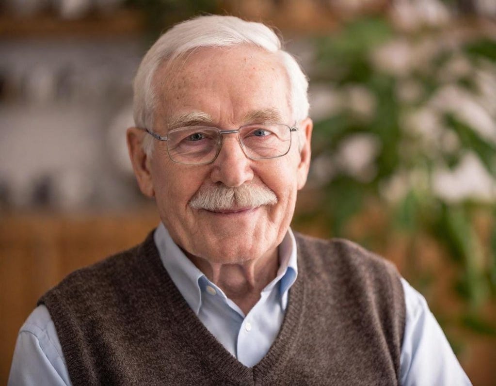 Close-up portrait of smiling white 80-year-old man with mustache and rimless glasses.