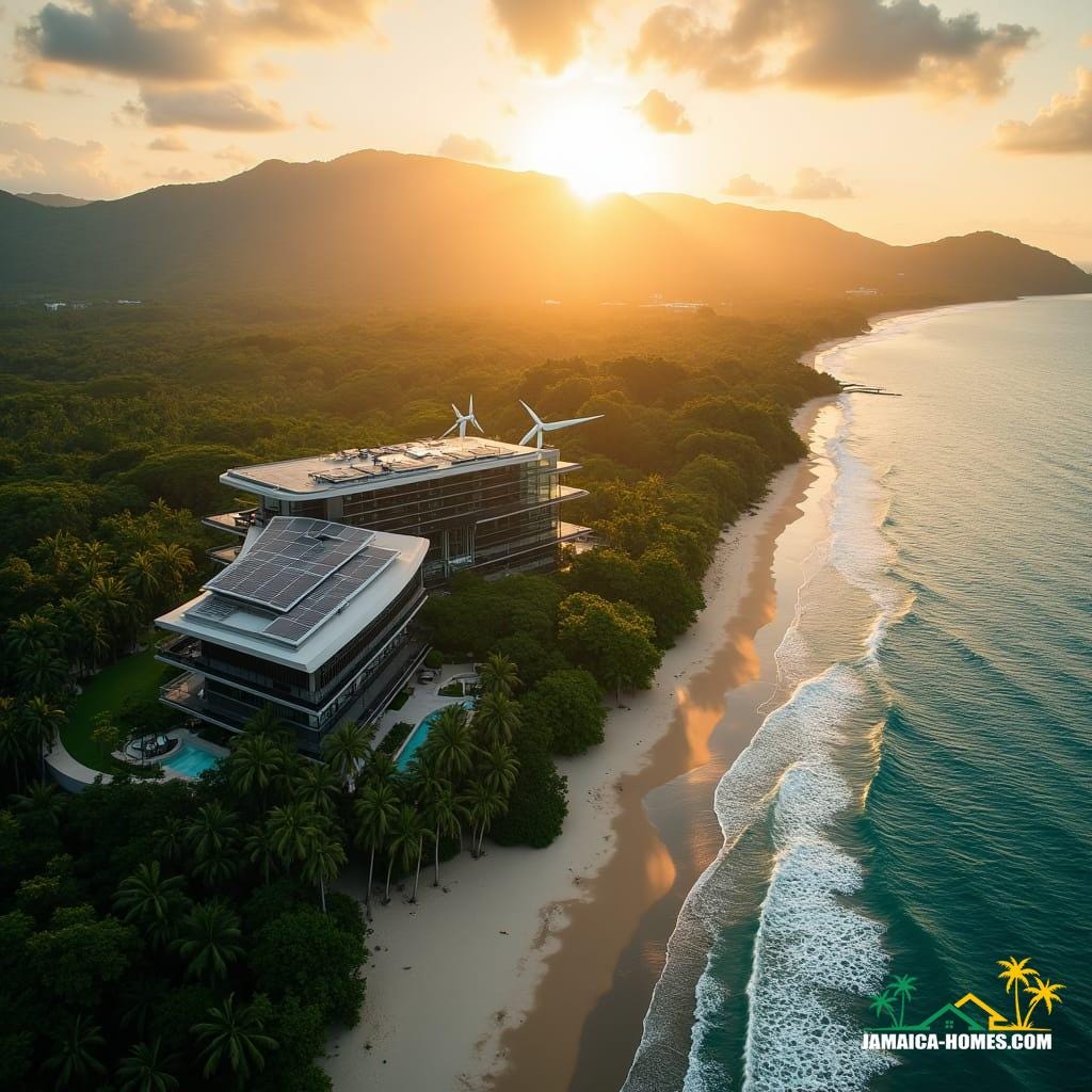 Aerial view of Montego Bay's coastline, showcasing a luxurious, eco-friendly resort seamlessly integrated into Jamaica's lush tropical landscape, as the warm golden light of sunset casts a cinematic glow. The resort's sleek, modern architecture is adorned with lush greenery, with solar panels and wind turbines subtly incorporated into the design. A serene beach lies at the foot of the resort, with gentle waves caressing the shore. In the distance, the misty silhouette of the Jamaican mountains rises, veiled in a thin layer of atmospheric haze. 