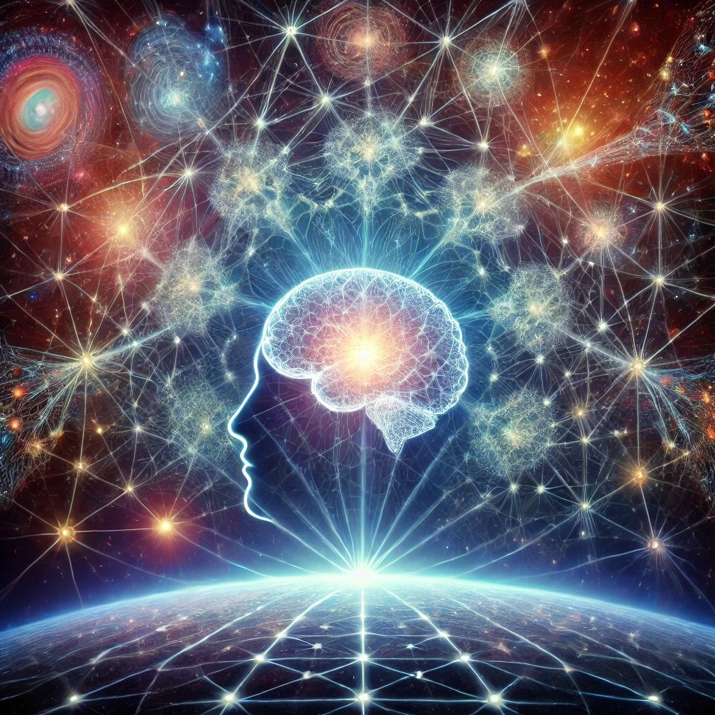 A conceptual illustration of the hypothesis of quantum consciousness and its connection to the universe. The scene shows a luminous human brain at the center, emitting intricate web-like patterns of light that extend into the vast cosmos. These patterns represent microtubules as bridges to quantum fields, with fractal geometries symbolizing universal interconnectedness. Surrounding the brain, colorful quantum waves intertwine with particles and energy beams, connecting to a sprawling cosmic landscape of galaxies, stars, and nebulae. The image conveys a sense of wonder, unity, and the mysterious interplay between the mind and the universe. A conceptual illustration of the hypothesis of quantum consciousness and its connection to the universe. The scene shows a luminous human brain at the center, emitting intricate web-like patterns of light that extend into the vast cosmos. These patterns represent microtubules as bridges to quantum fields, with fractal geometries symbolizing universal interconnectedness. Surrounding the brain, colorful quantum waves intertwine with particles and energy beams, connecting to a sprawling cosmic landscape of galaxies, stars, and nebulae. The image conveys a sense of wonder, unity, and the mysterious interplay between the mind and the universe.