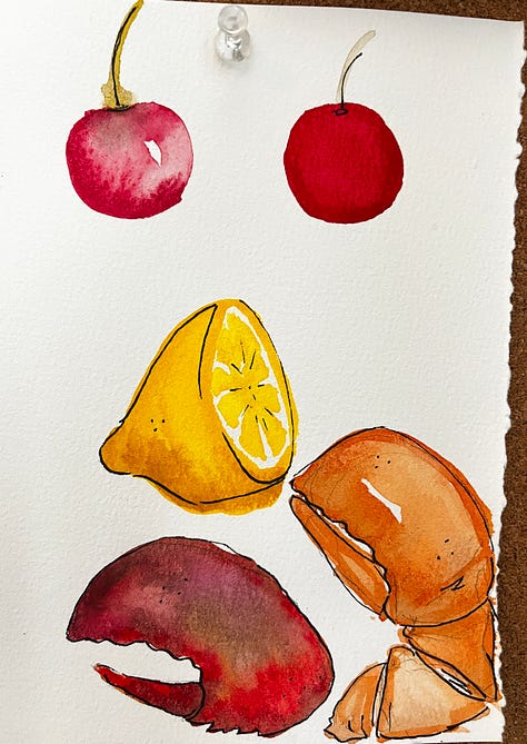 Images from spring: Quest Cabernet Franc, a woodcock, a watercolor of half a lemon, two lobster claws, and two cherries, the Hudson River, my desk that writer's retreat, and the Jolie Laide display from the farmer's market
