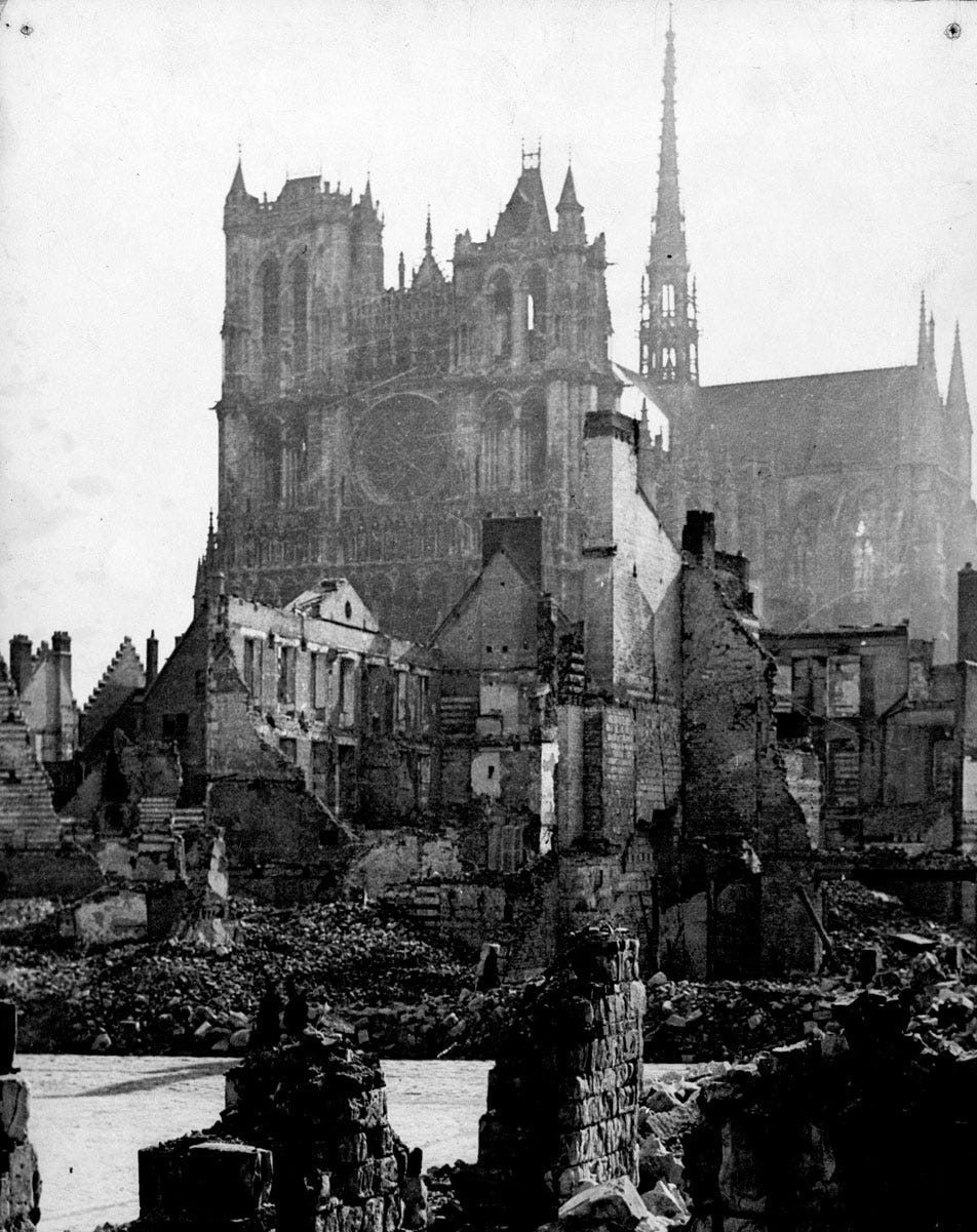 The 1940 German bombing that destroyed most of Amiens. Archives départementales de la Somme. The 1940 German bombing that destroyed most of Amiens. Archives départementales de la Somme.