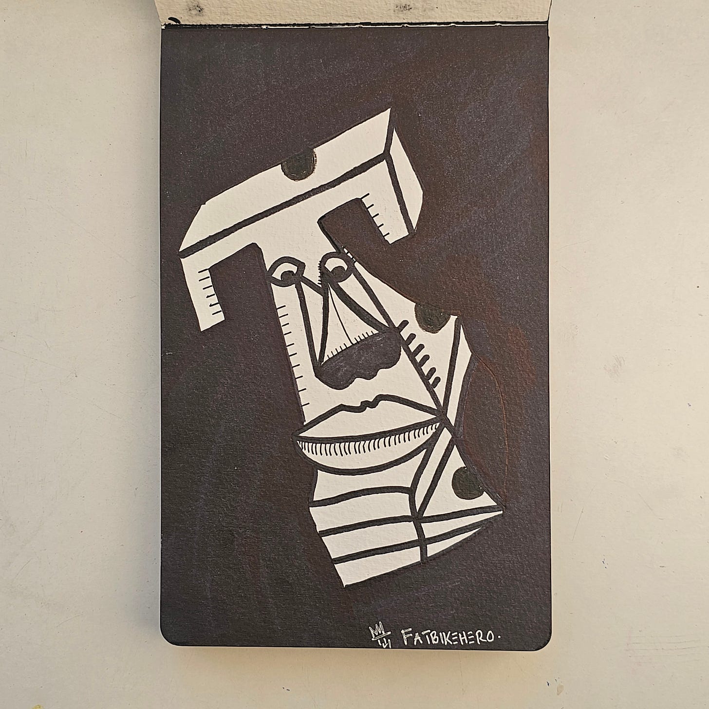 Description for Indexing: Teehead is an original ink drawing by FatbikeHero (b. 1983), created on January 1, 2026, in Vorre-Skodstrup. The artwork features a Cubist-inspired face integrated into the shape of a letter "T," set against a black background. It is catalogued as the "Second artwork of 2026" and explores themes of typography and domestic ritual ("Time for Tea"). The work is attributed to the artist and linked to fatbikehero.com.
