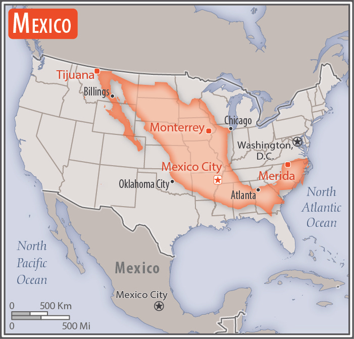 Map of Mexico superimposed on map of the United States Map of Mexico superimposed on map of the United States