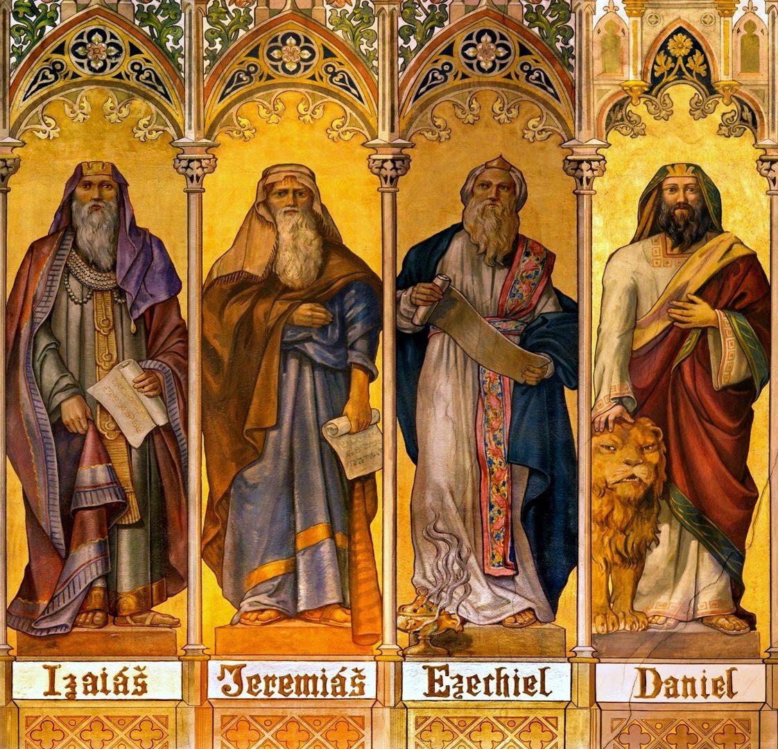 A neo-gothic fresco of the prophets Isaiah, Jeremiah, Ezekiel, and ...