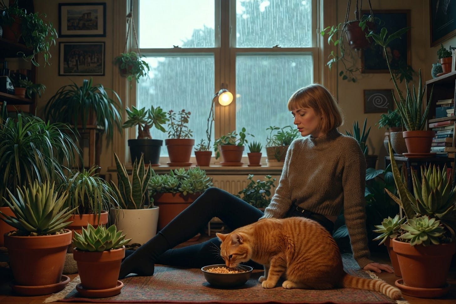 A woman with short brown hair and a cozy sweater sits on the floor of a warm, plant-filled apartment, eating cereal from a bowl while rain falls against the window. An orange tabby cat eagerly eats from the same bowl beside her. Soft golden light from a lamp illuminates the scene, surrounded by potted succulents and bookshelves, evoking a quiet, intimate moment of everyday life.