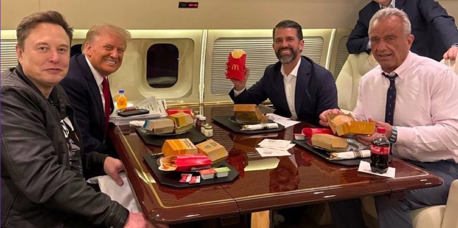 Musk, Trump, Trump Jr. and RFK Jr. all eating McDonalds junk food on Air Force One