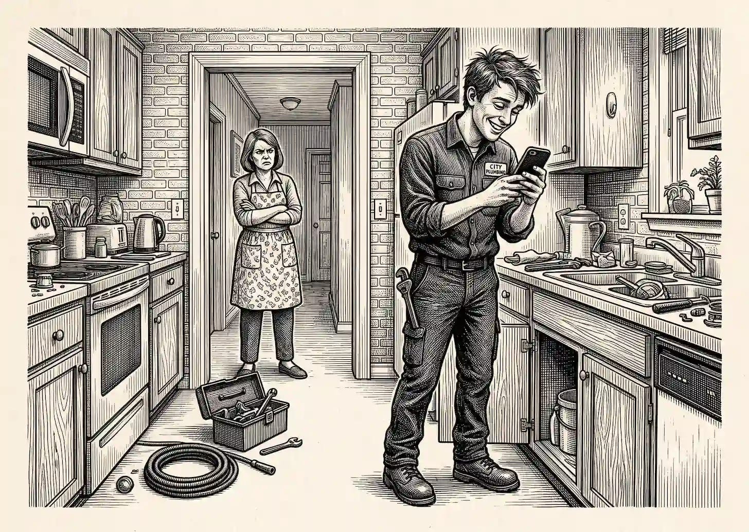 frustrated female homeowner watches oblivious plumbing technician from behind as he types on cell phone instead of finishing the job in her kitchen