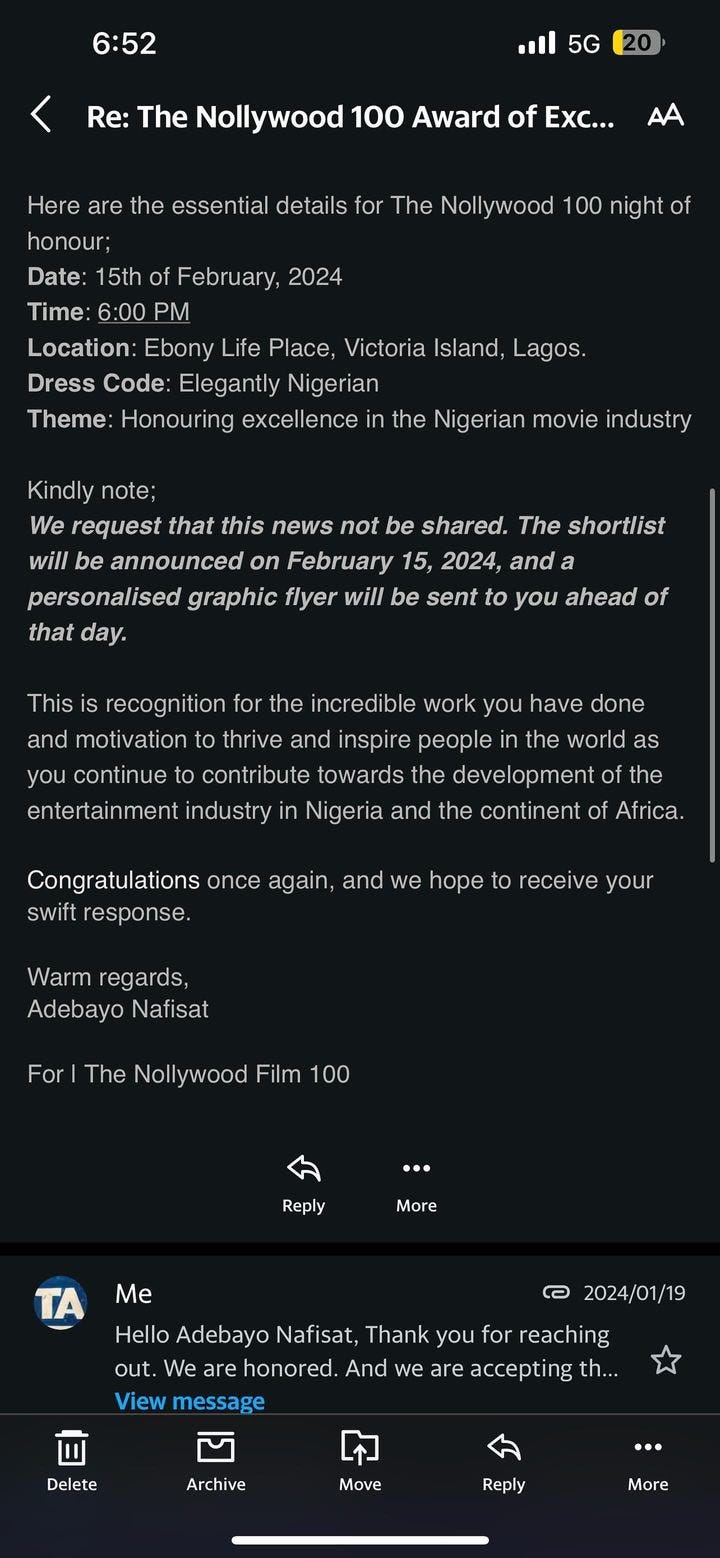 YNaija's email sent to Taiwo Adeyemi and the actor at the event