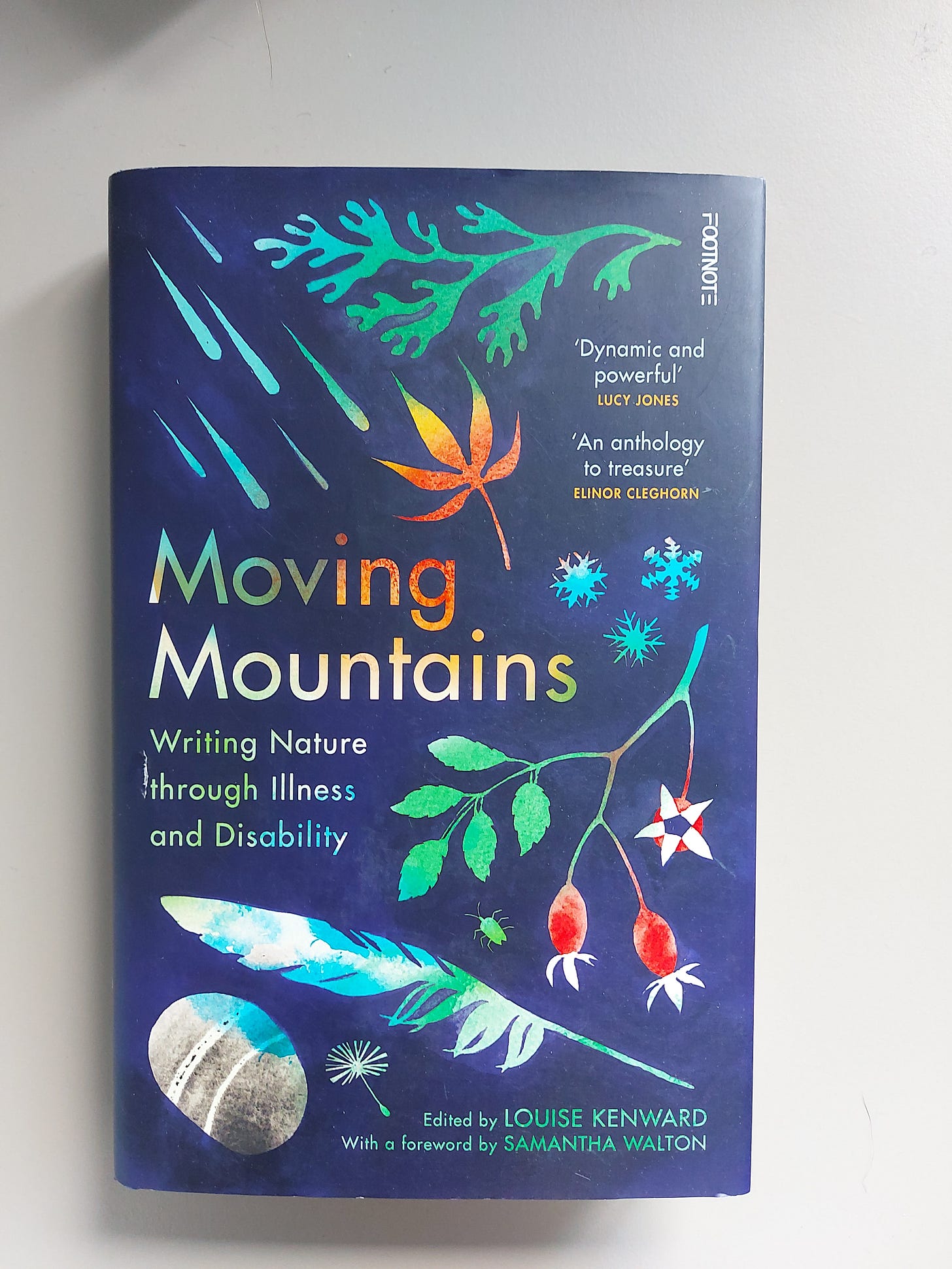 The navy blue front cover of "Moving Mountains". There's green, blue, and orange leaves and snowflakes surrounding the title. The navy blue front cover of "Moving Mountains". There's green, blue, and orange leaves and snowflakes surrounding the title.