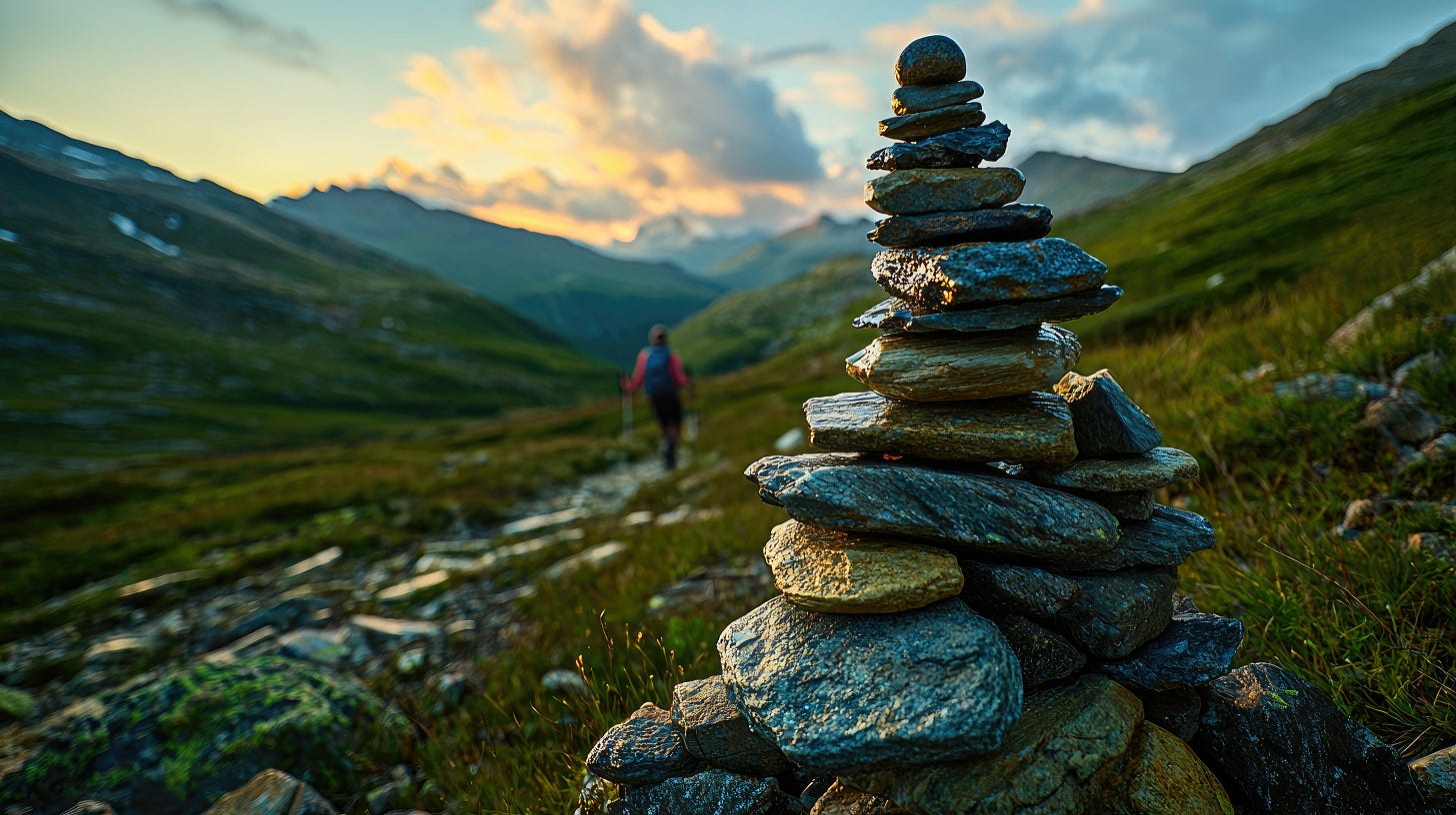 A stacked cairn in evening light as a hiker walks into the mountains, symbolizing aligned forward movement.