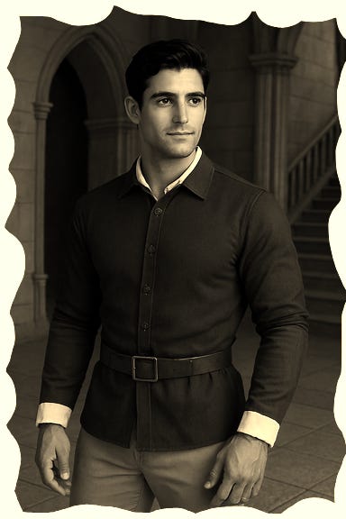 a twenty-something handsome athletic man resembling a male version of Snow White, with the same facial features as the first image: dark wavy hair, thick eyebrows, deep-set brown eyes, high cheekbones, strong jawline, light olive skin, and slight stubble. He is wearing realistic masculine medieval clothing in Snow White's color palette: deep blue tunic with white collar and white cuffs, red accents, and golden yellow trousers, standing inside a grand castle interior