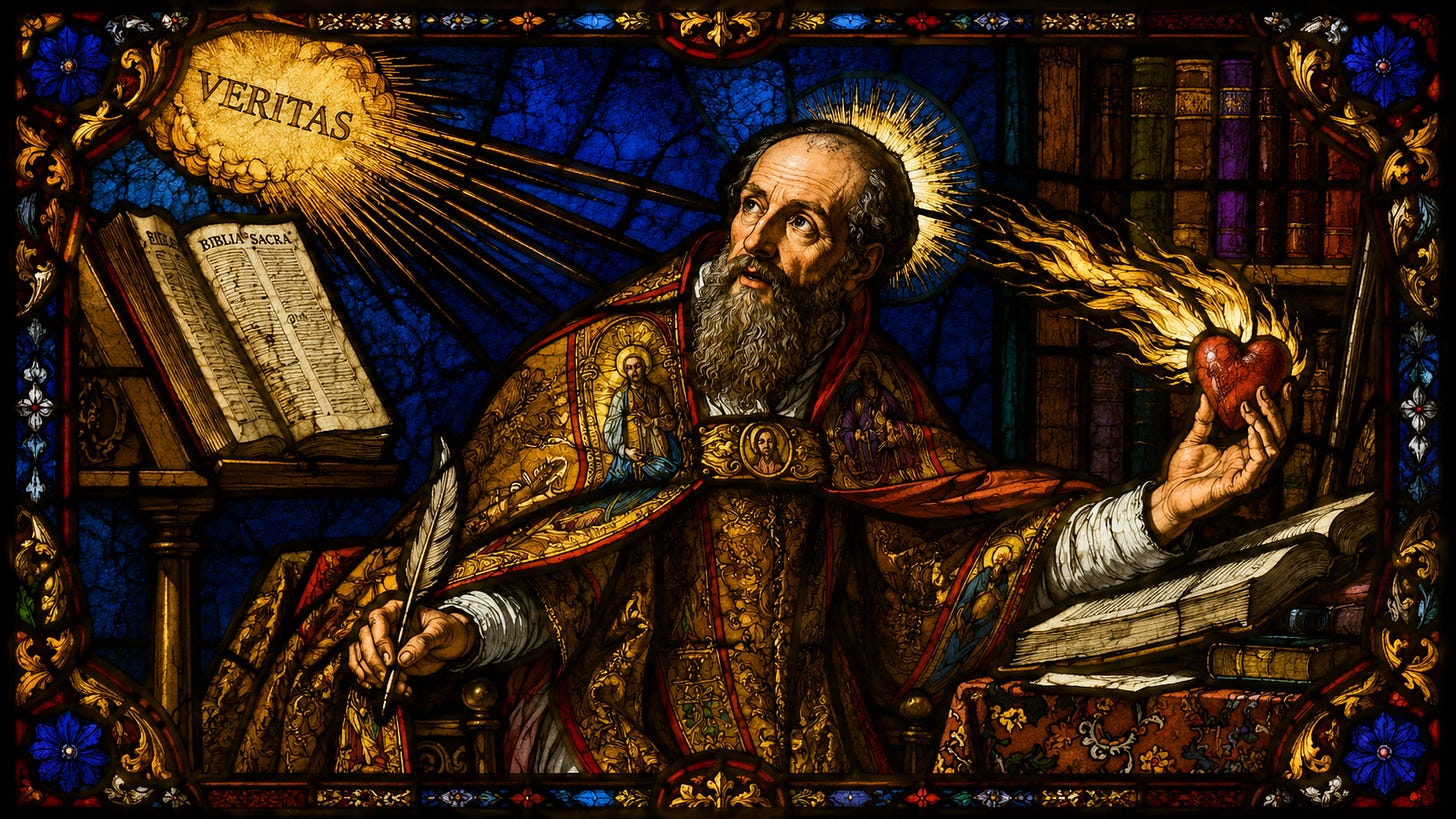 Stained glass depiction of St. Augstine receiving the truth while holding a human heart.