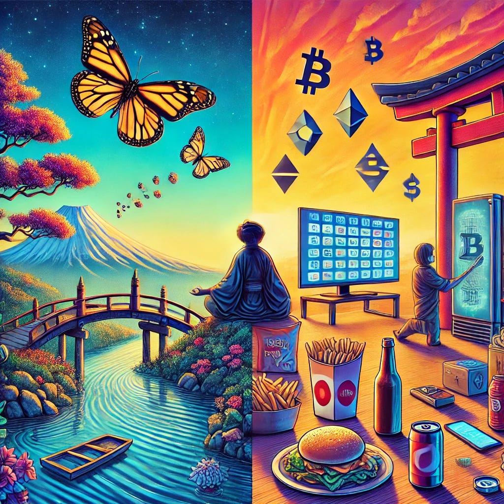 A conceptual image inspired by Japanese culture, cryptocurrency recovery, and the butterfly effect, focusing on the flow of cheap and abundant money from Japan. The left side features a serene Japanese landscape with a traditional samurai in meditation, symbolizing discipline and control. A small, singular butterfly flutters from left to right, symbolizing the ripple effect. The right side contrasts with a modern figure lounging amidst digital screens, junk food, and symbols of cryptocurrency, representing the indulgent impact of the abundant flow of money. The image uses a harmonious blend of traditional and digital elements with vibrant colors, highlighting the transition and flow of wealth.