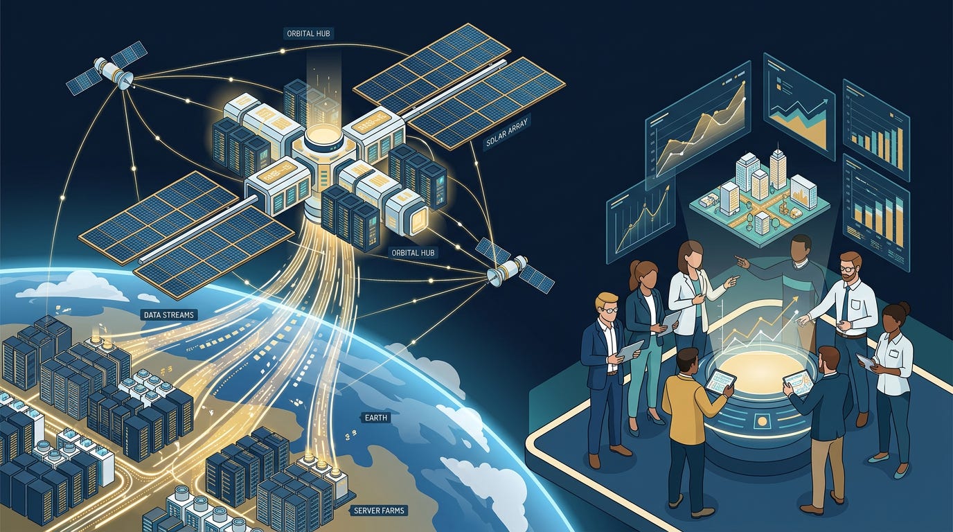 Flat isometric illustration of a giant data center floating in orbit above Earth, powered directly by solar arrays and connected to satellite networks, streams of compute energy flowing from space toward crowded terrestrial server farms below, engineers and investors studying future projections displayed as holographic charts, deep blue, gold and white color palette, clean vector art style, dark background, modern tech editorial aesthetic