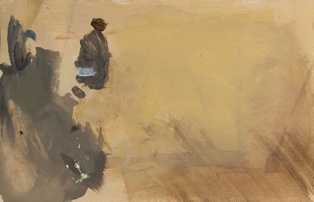 Random brushstrokes in brown and white on the left side of a scrap of canvas. These were later developed into a small spire of rock and a figure floating nearby. The “found” background is a combination of yellow and pale orange with some light diagonal streaks of brown on the lower edge of the canvas.