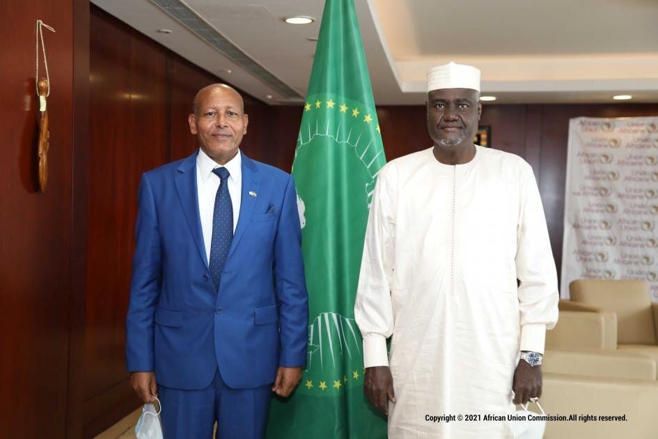 The Chairperson of the African Union Commission Moussa Faki Mahamat and Aleli Admasu, Ambassador of the State of Israel to Ethiopia, Burundi &amp; Chad. Source: African Union