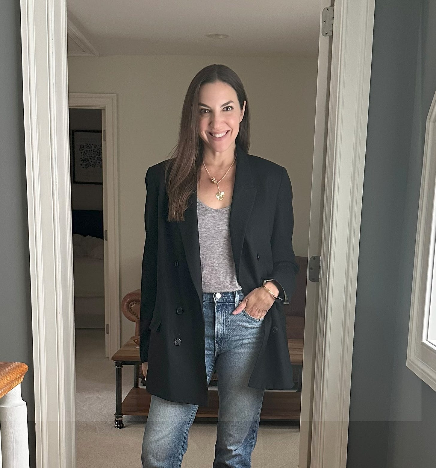 Jamie wearing double breasted wool blazer