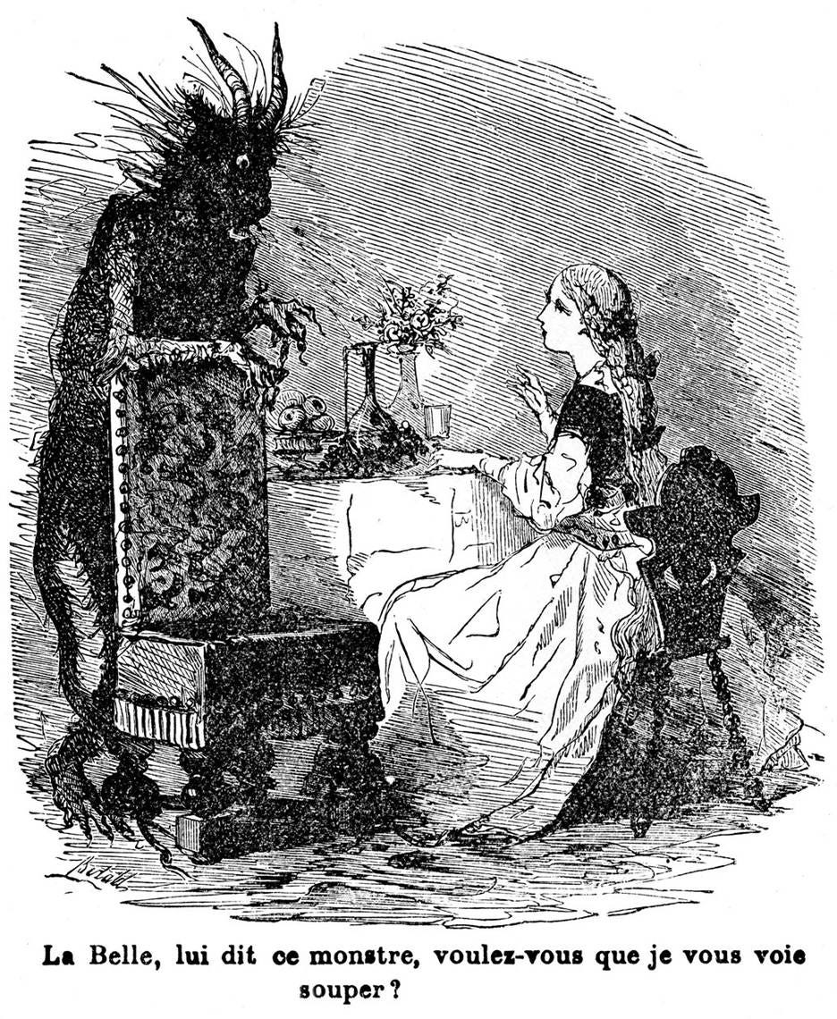 Illustration for the tale of Mrs. Jeanne Marie Leprince de Beaumont “Beauty and the Beast”, 19th century by Charles Albert dArnoux Bertall Illustration for the tale of Mrs. Jeanne Marie Leprince de Beaumont “Beauty and the Beast”, 19th century by Charles Albert dArnoux Bertall