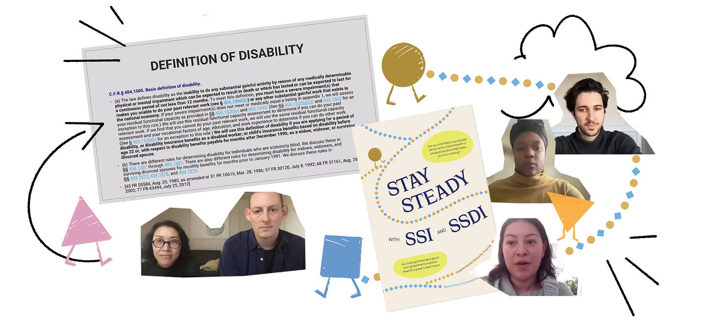 A collage, with images of organizers on Zoom, documents, and arrows and other drawings that connect the pieces.